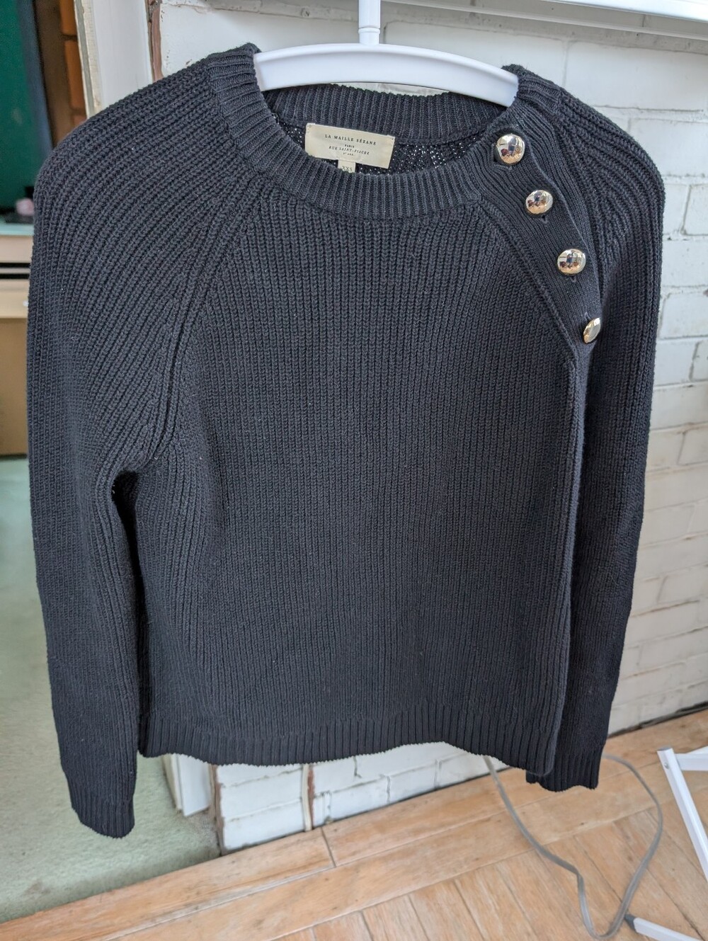 Sezane Black Cotton Sweater With Button Detail - XXS